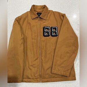 Mens H&M Varsity Letterman Style Jacket Size Large Cognac W/Navy Patchwork